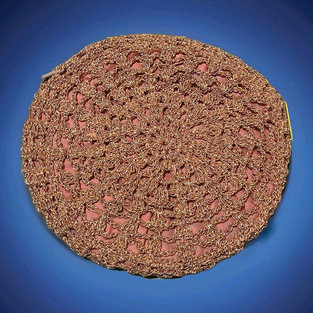 6 in round metallic gold crochet coin purse or clutch with a rose fabric lining